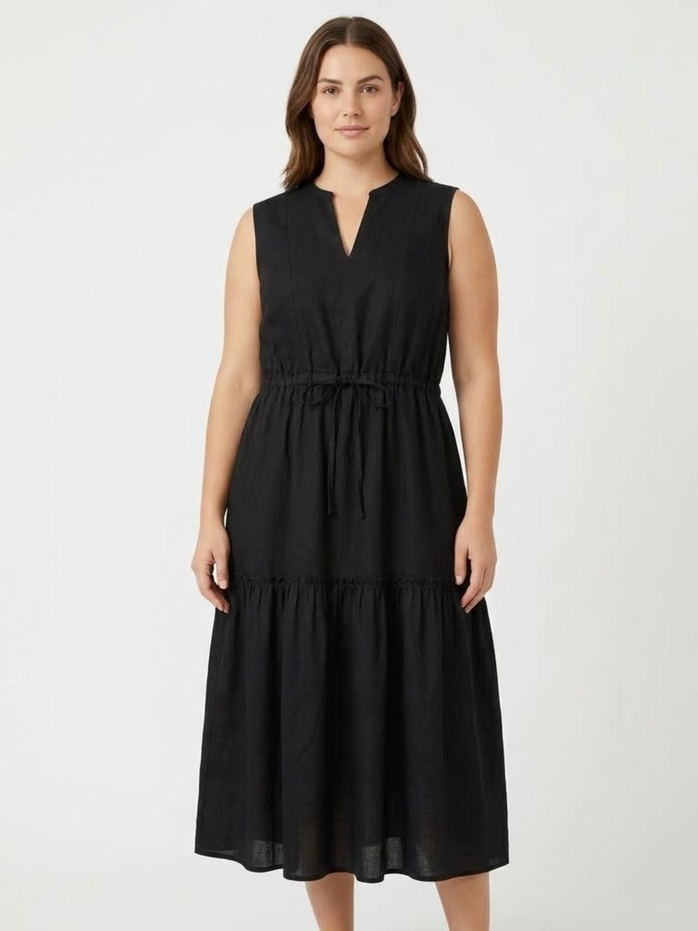 Lands' End Black Sleeveless Drawstring Tiered Midi Dress